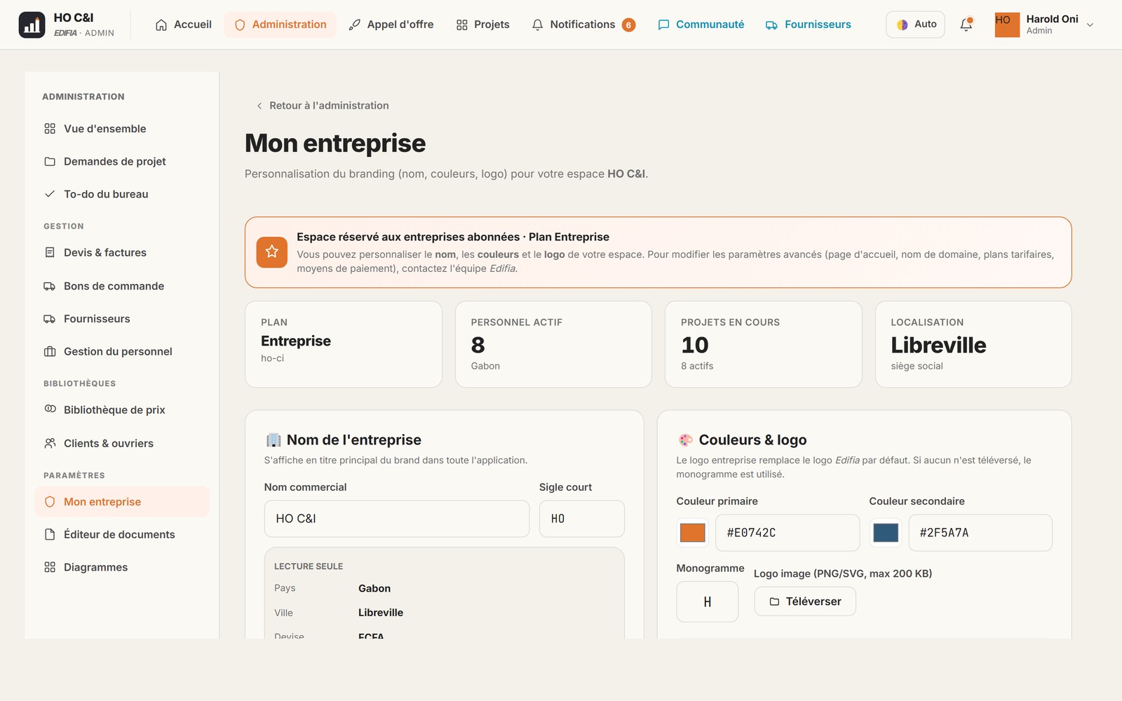 Personnalisation de l'entreprise dans Edifia